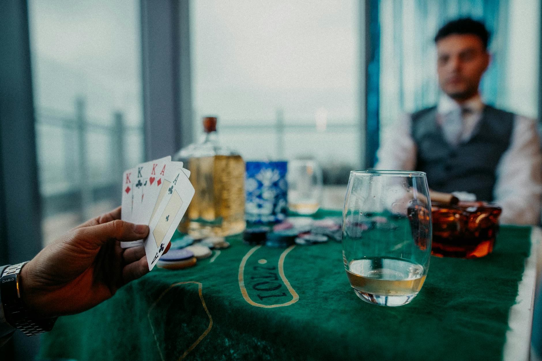 A captivating poker game scene with whiskey in Buenos Aires, illustrating leisure and strategy.
